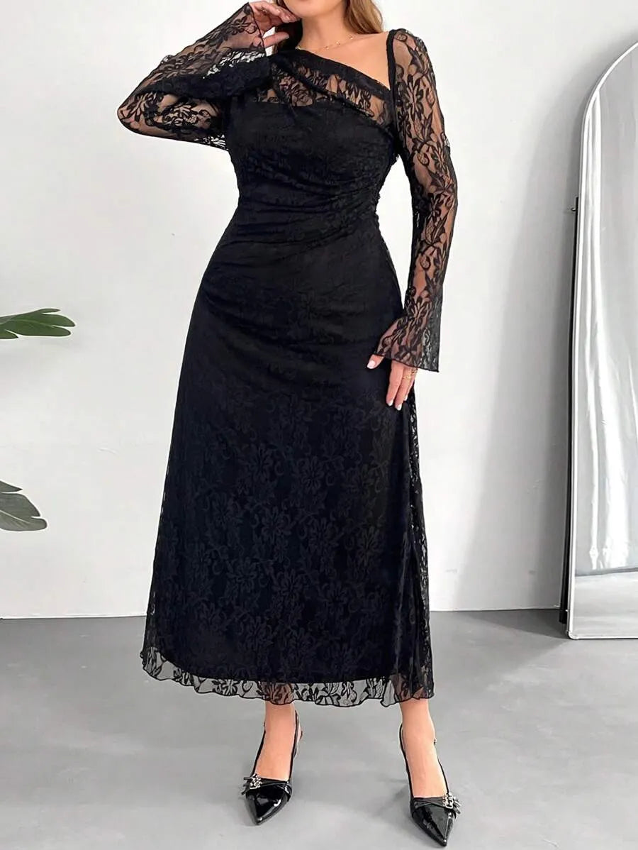 SHEIN Auralis فستان نسائي بياقة غير متماثلة وأكمام جرسية بلون أسود