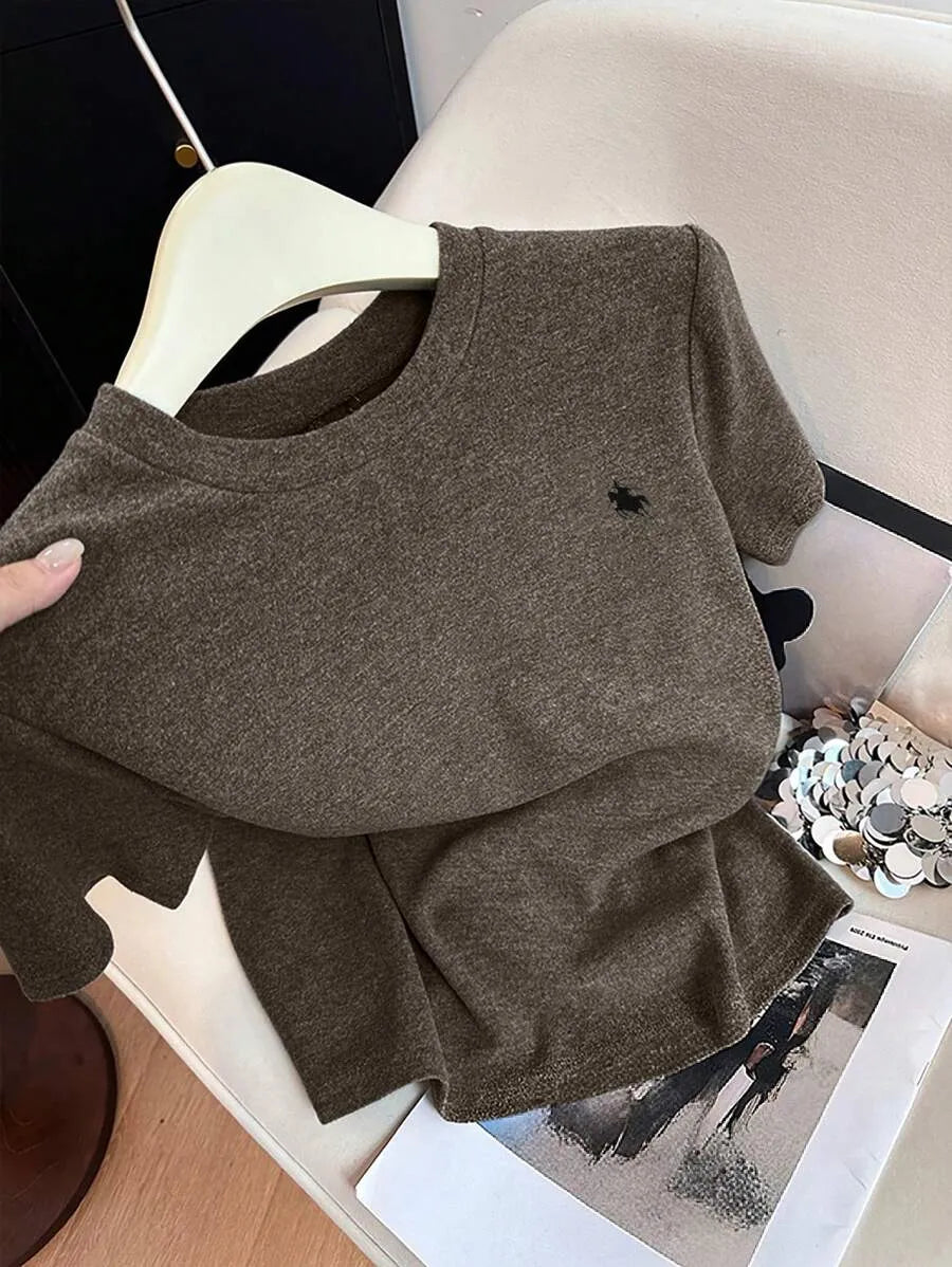 SHEIN Resyla تي شيرت نسائي بأكمام قصيرة مطرز بنقشة حيوانات بلون بني