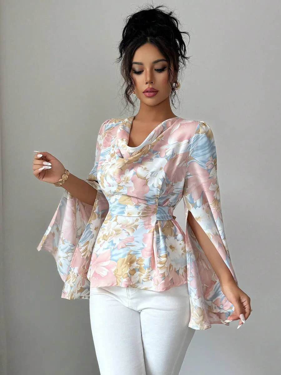 SHEIN Modelyn بلوزة نسائية فضفاضة برباط خصر وأكمام مفتوحة متعدد الألوان