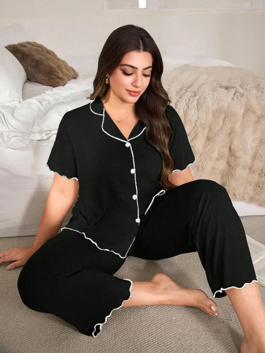 SHEIN DUSKBASE طقم بيجامة نسائي بلون أسود بياقة مفتوحة وبنطال واسع