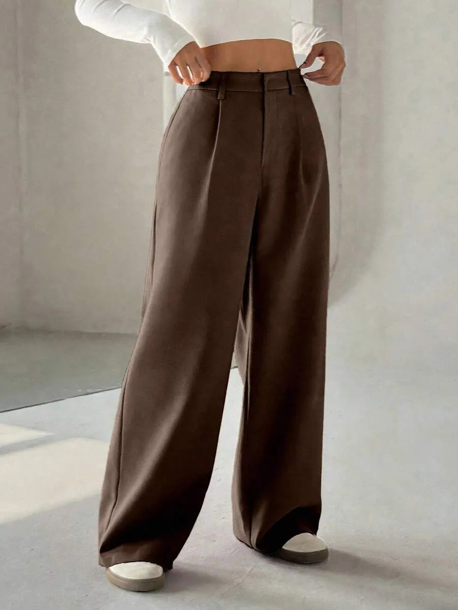 SHEIN Flirla بنطال نسائي واسع بخصر منخفض بلون بني