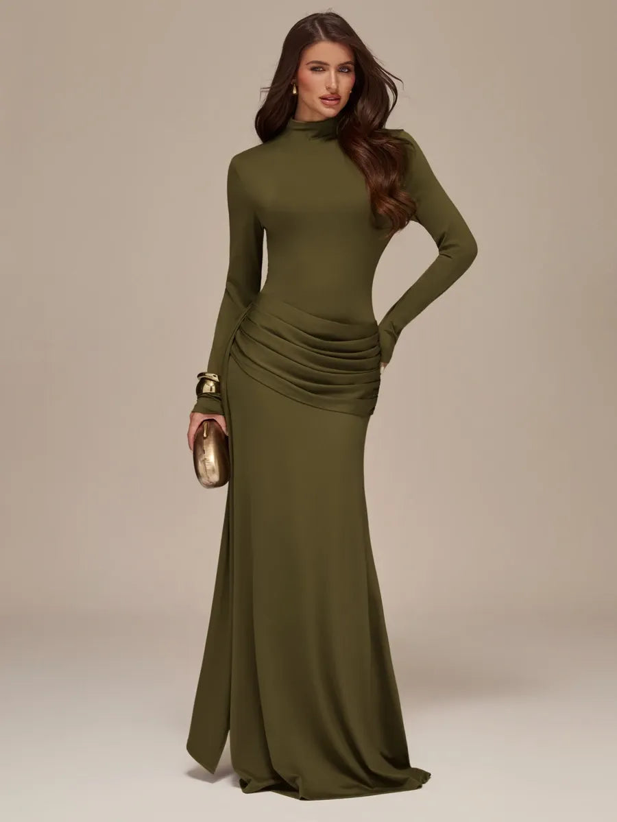 SHEIN BAE فستان محبوك ماكسي بياقة عالية وربطة أمامية بلون أخضر عسكري