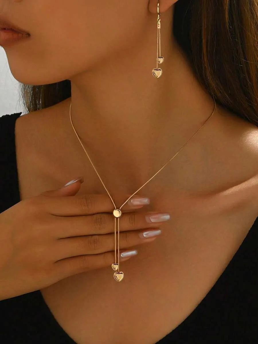 SHEIN طقم قلادة وأقراط نسائي بسلسلة عظم الثعبان وتصميم قطرة ماء بلون ذهبي