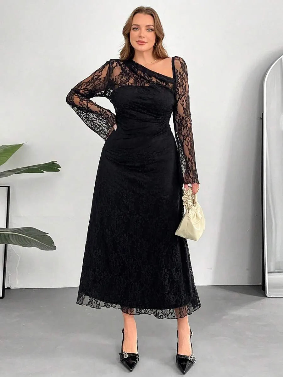 SHEIN Auralis فستان نسائي بياقة غير متماثلة وأكمام جرسية بلون أسود