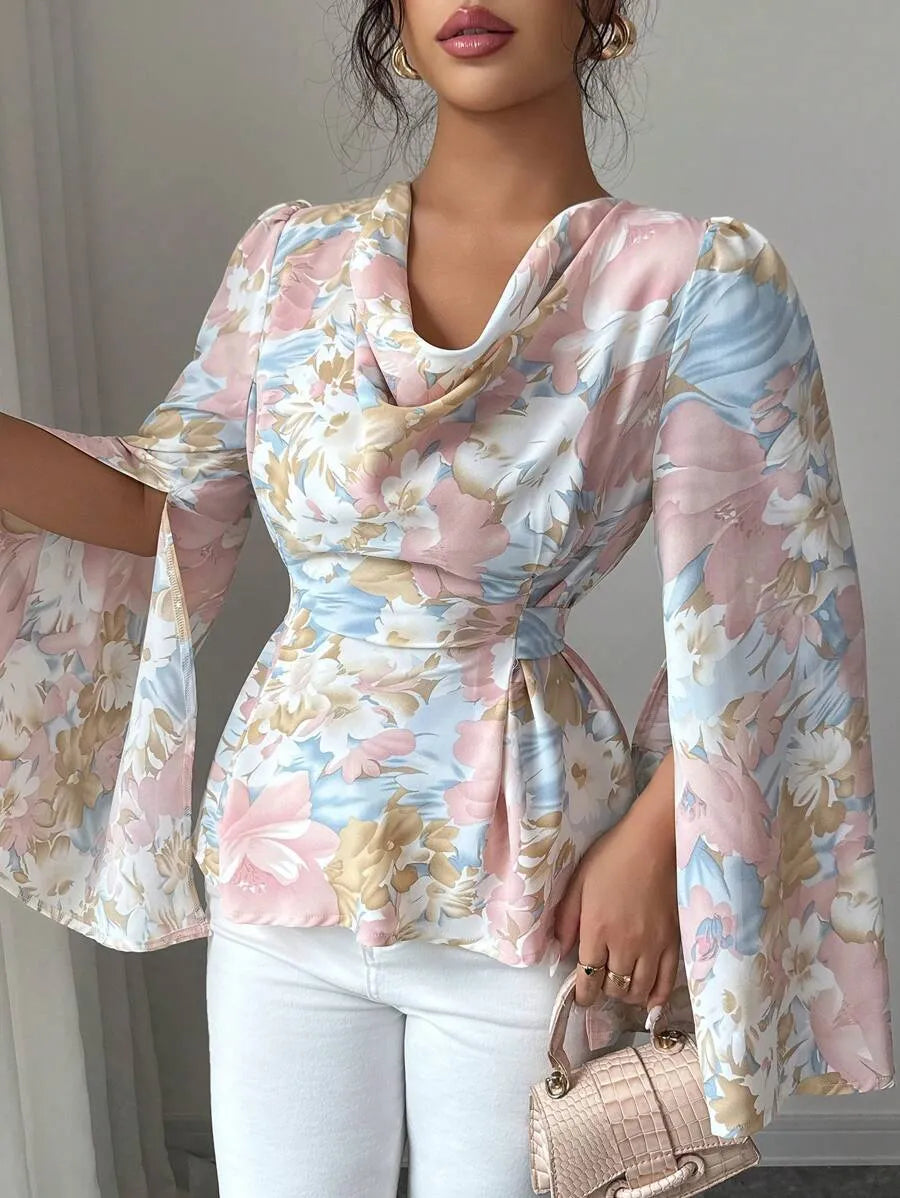 SHEIN Modelyn بلوزة نسائية فضفاضة برباط خصر وأكمام مفتوحة متعدد الألوان