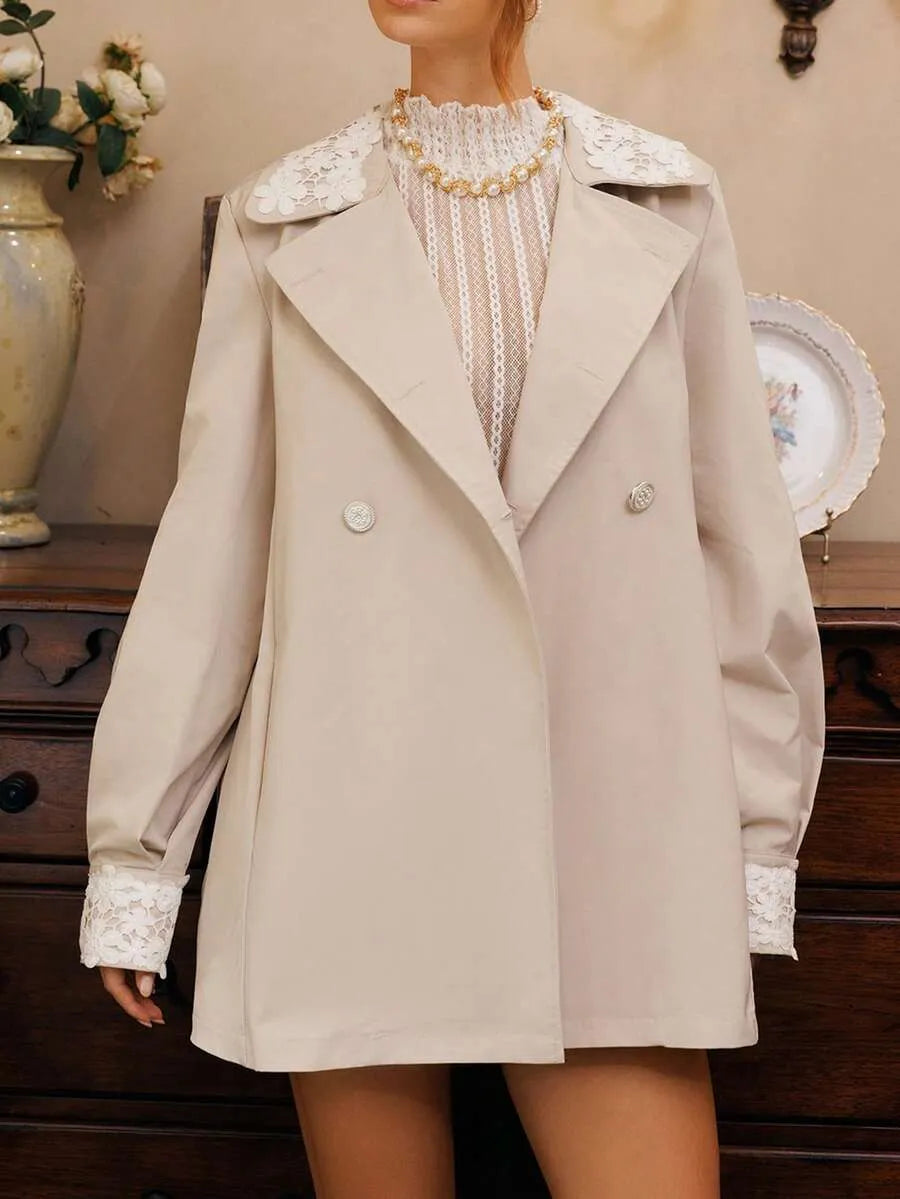 SHEIN Glamine Charm معطف مزدوج الصدر بأزرار أمامية وتفاصيل دانتيل بلون مشمشي