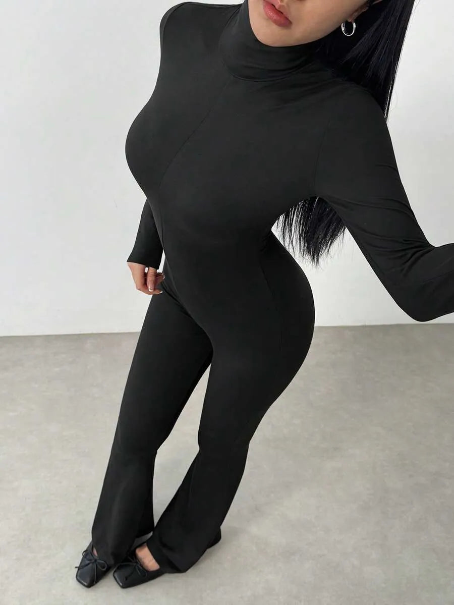 SHEIN Flirla بدلة نسائية محبوكة برقبة عالية وأكمام طويلة وخصر مرتفع بلون أسود