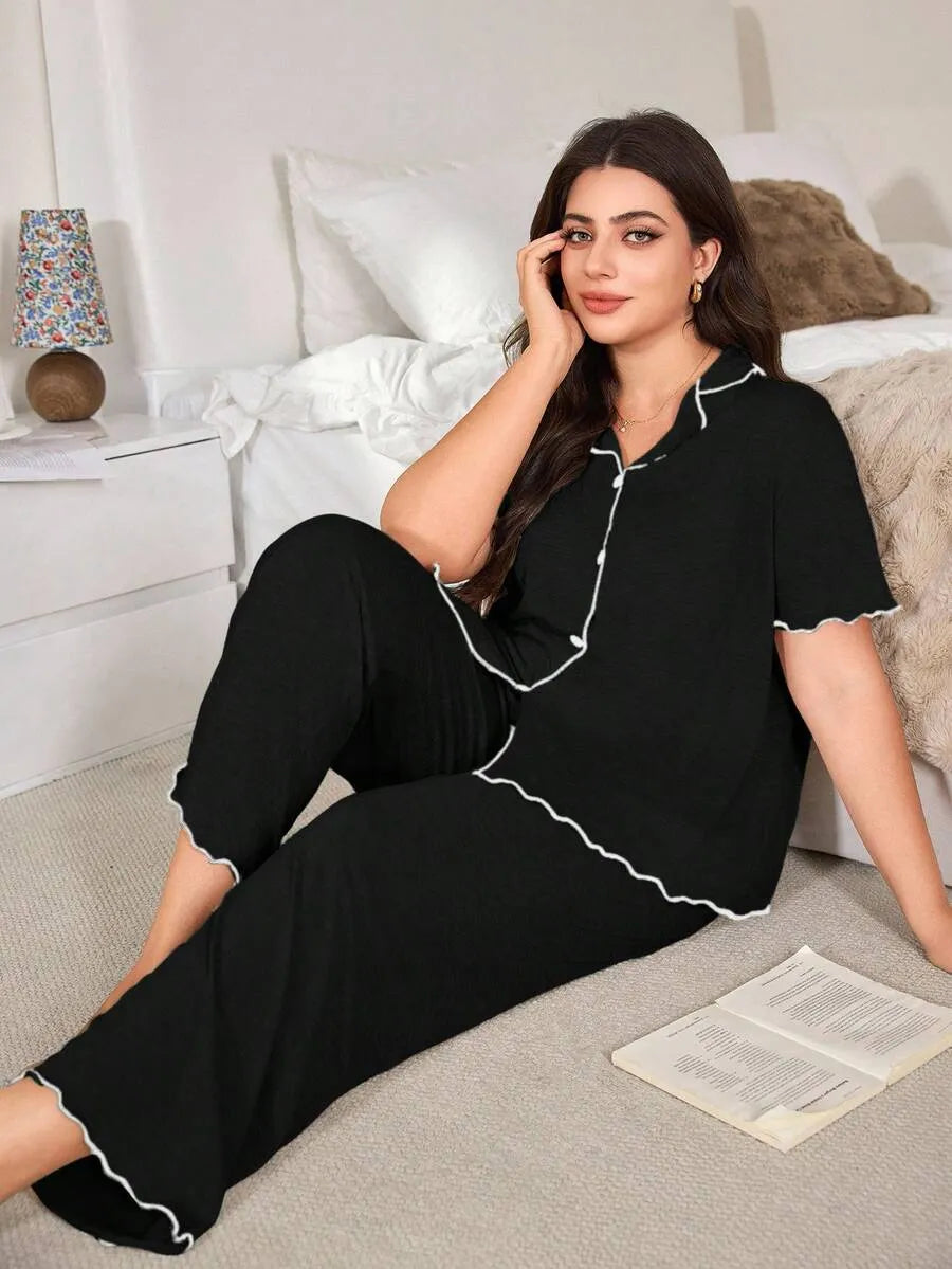 SHEIN DUSKBASE طقم بيجامة نسائي بلون أسود بياقة مفتوحة وبنطال واسع