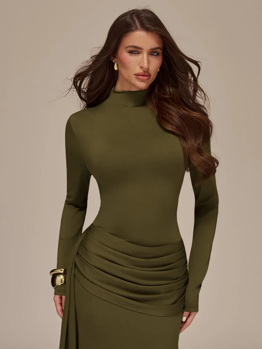 SHEIN BAE فستان محبوك ماكسي بياقة عالية وربطة أمامية بلون أخضر عسكري