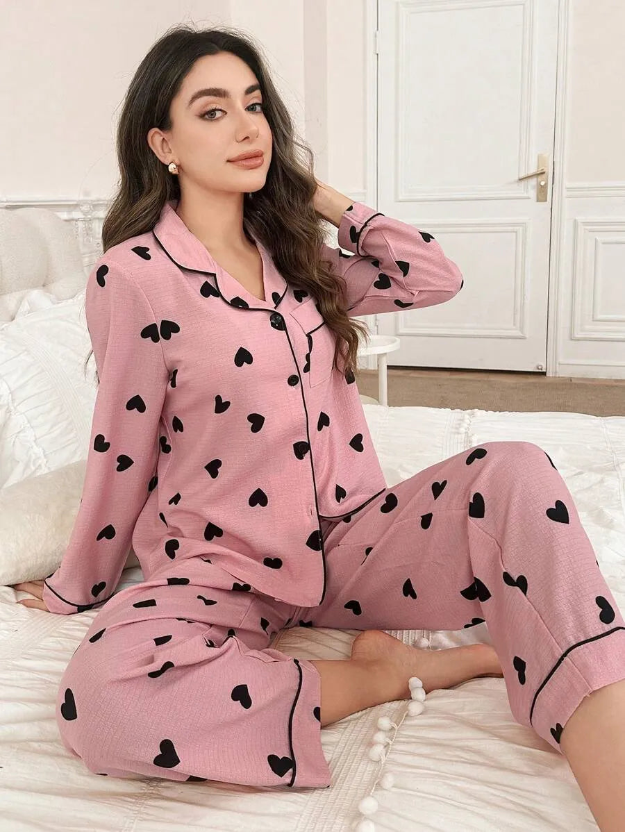 SHEIN طقم بيجامة قطعتين بياقة وأزرار أمامية وخصر مجعد بلون وردي