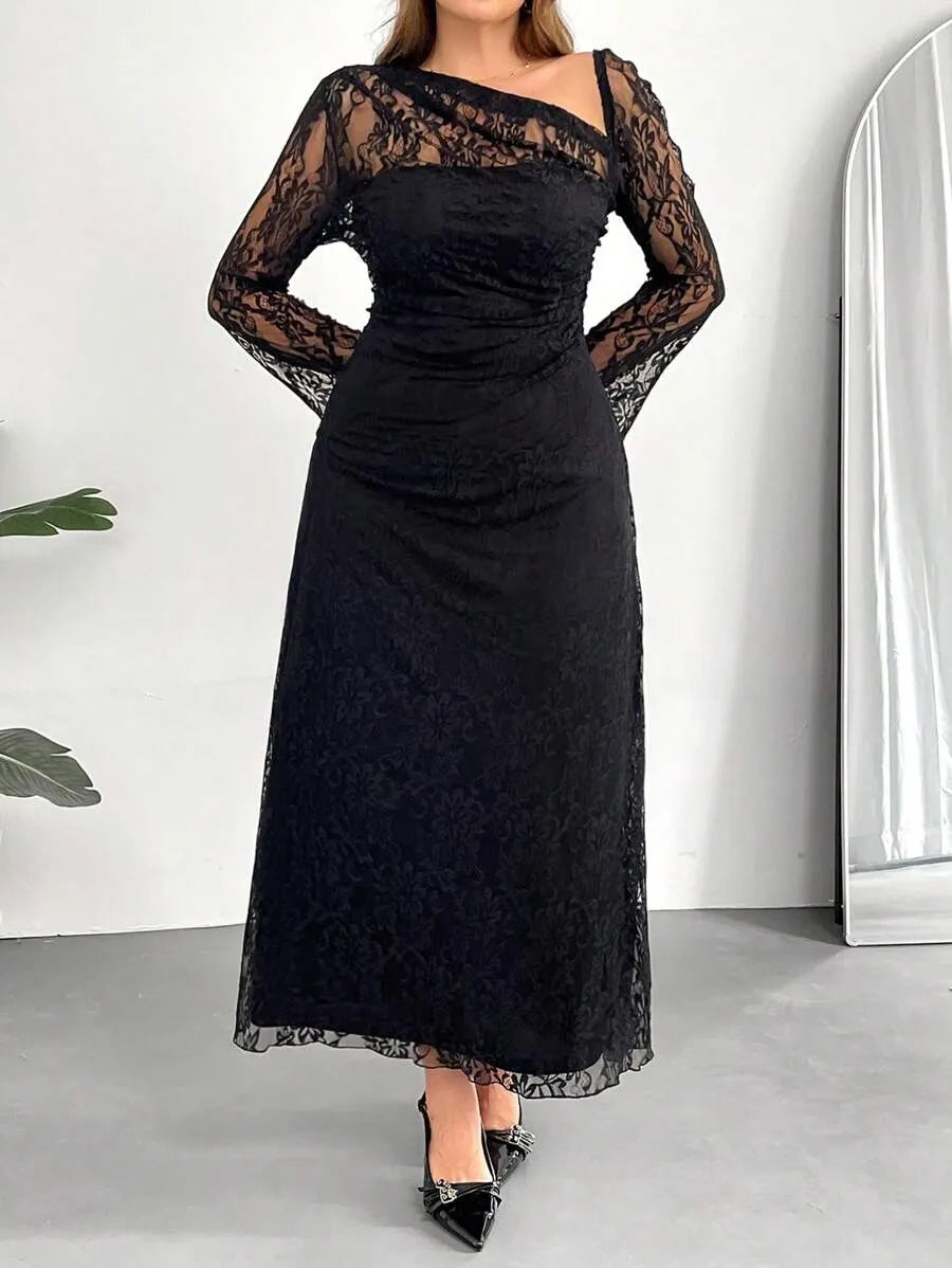 SHEIN Auralis فستان نسائي بياقة غير متماثلة وأكمام جرسية بلون أسود