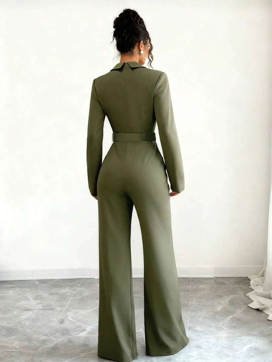 SHEIN INAWLY جمبسوت نسائي بخصر مرتفع وحزام وياقة لابيل وساق واسعة بلون أخضر