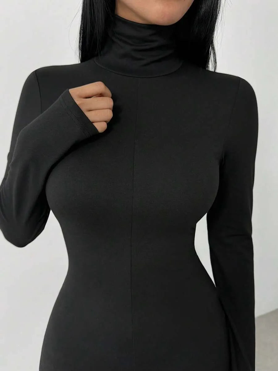 SHEIN Flirla بدلة نسائية محبوكة برقبة عالية وأكمام طويلة وخصر مرتفع بلون أسود