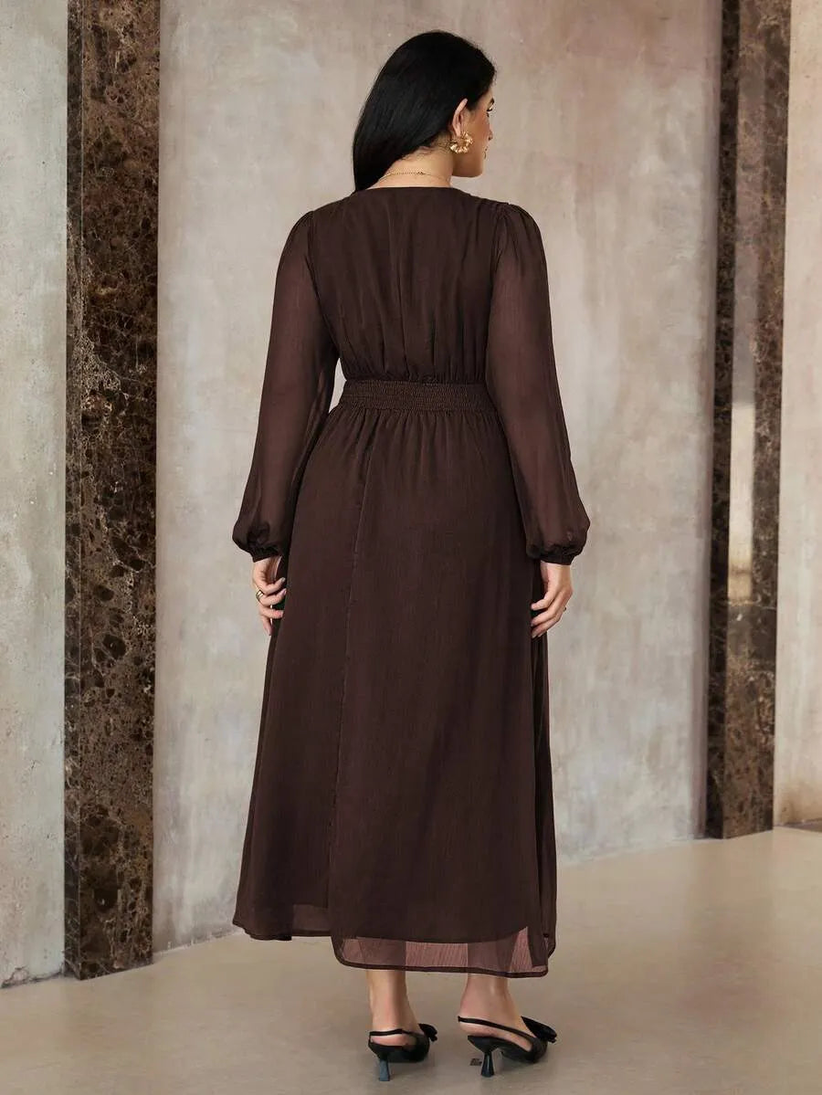 SHEIN Roveilla فستان نسائي بياقة وأكمام فانوس بلون بني شوكولاتة