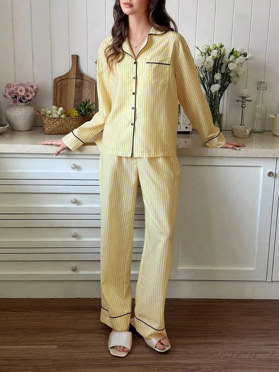 SHEIN Snug Reverie طقم بيجامة قطعتين مخطط بأكمام طويلة وياقة بلون أصفر