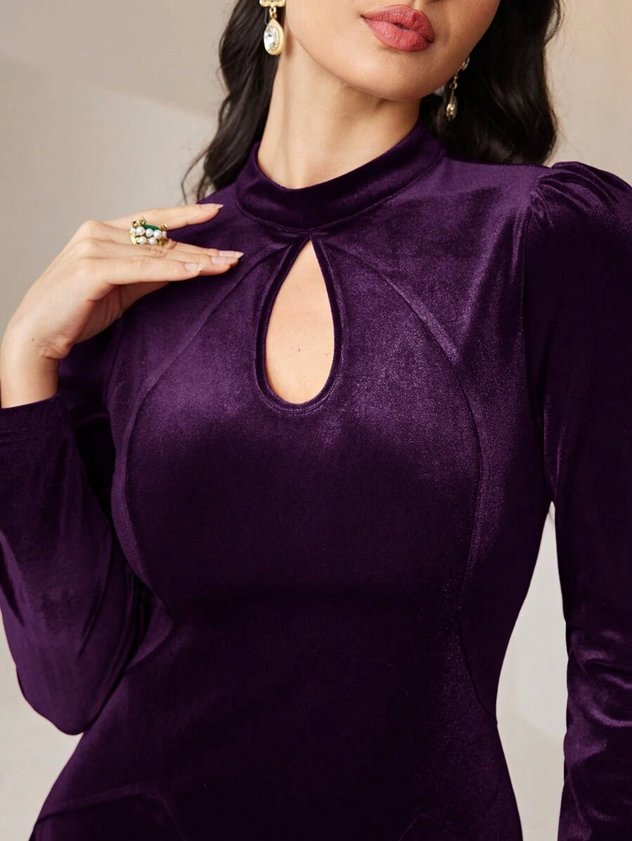 SHEIN Modelyn فستان سهرة طويل ارجواني بوردو بأكمام منتفخة