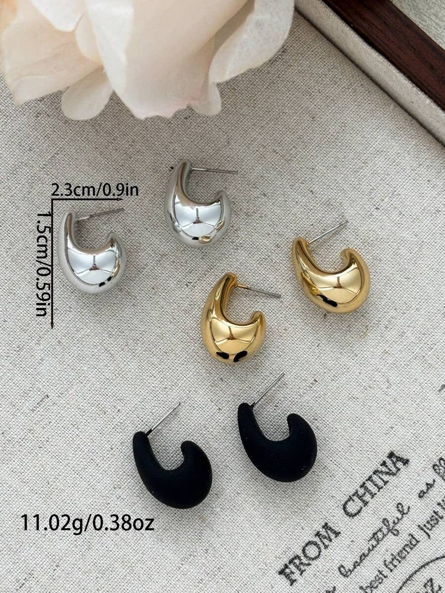 SHEIN طقم 3 ازواج أقراط بثلاث ألوان ذهبي، فضي، أسود