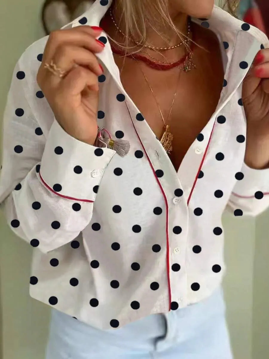 SHEIN قميص نسائي طويل الأكمام بنقشة نقاط وحواف متباينة متعدد الألوان