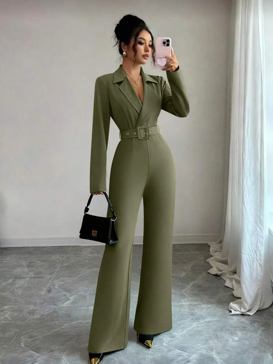 SHEIN INAWLY جمبسوت نسائي بخصر مرتفع وحزام وياقة لابيل وساق واسعة بلون أخضر
