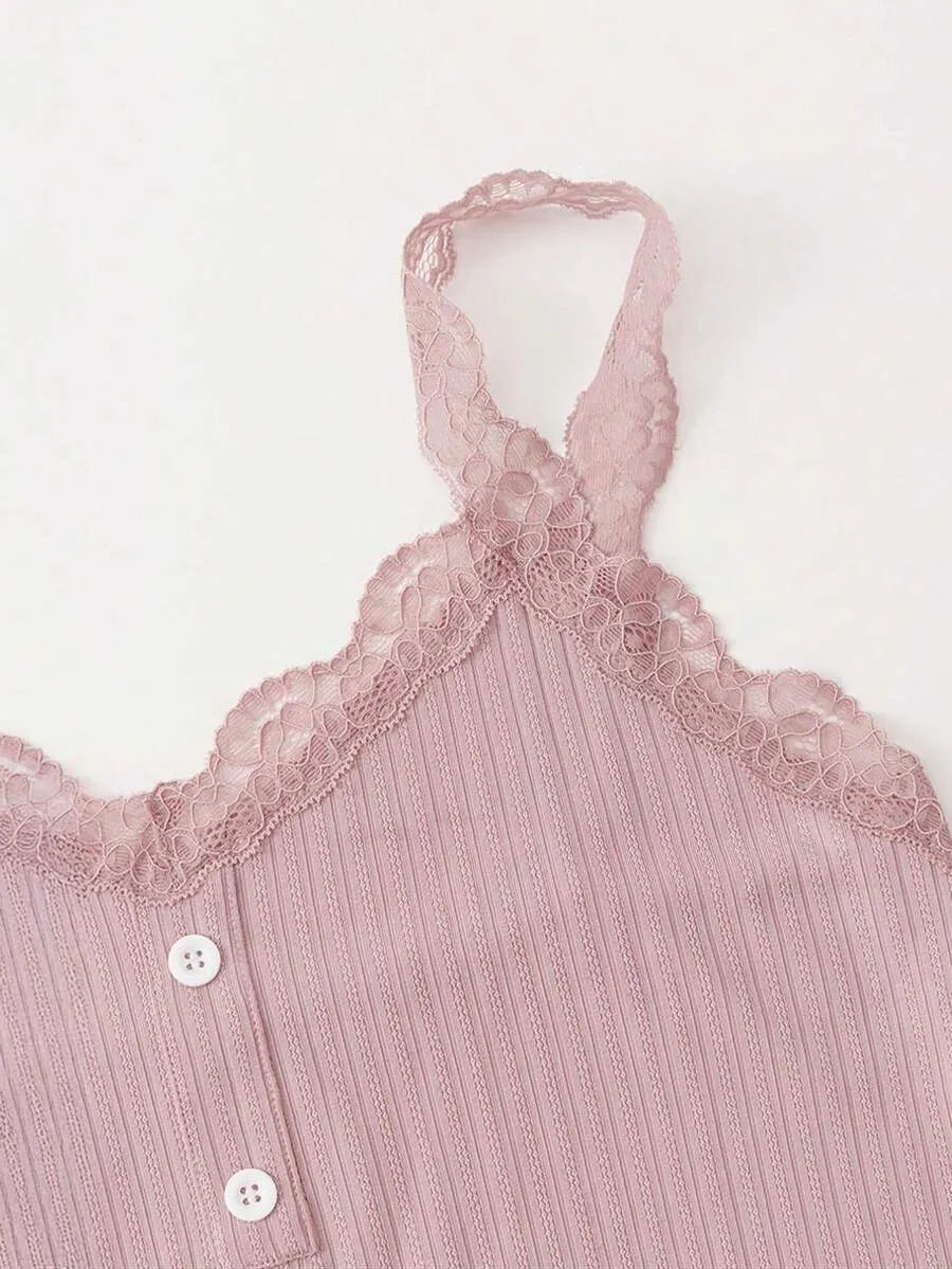 SHEIN ثوب نوم نسائي قصير من الدانتيل بألوان متباينة وبتصميم ضيق بلون وردي