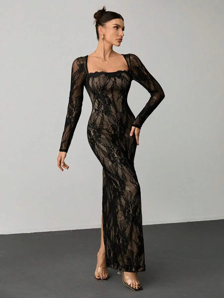 SHEIN Tall فستان دانتيل ماكسي بياقة مربعة وأكمام طويلة وتصميم كورسيه بلون أسود