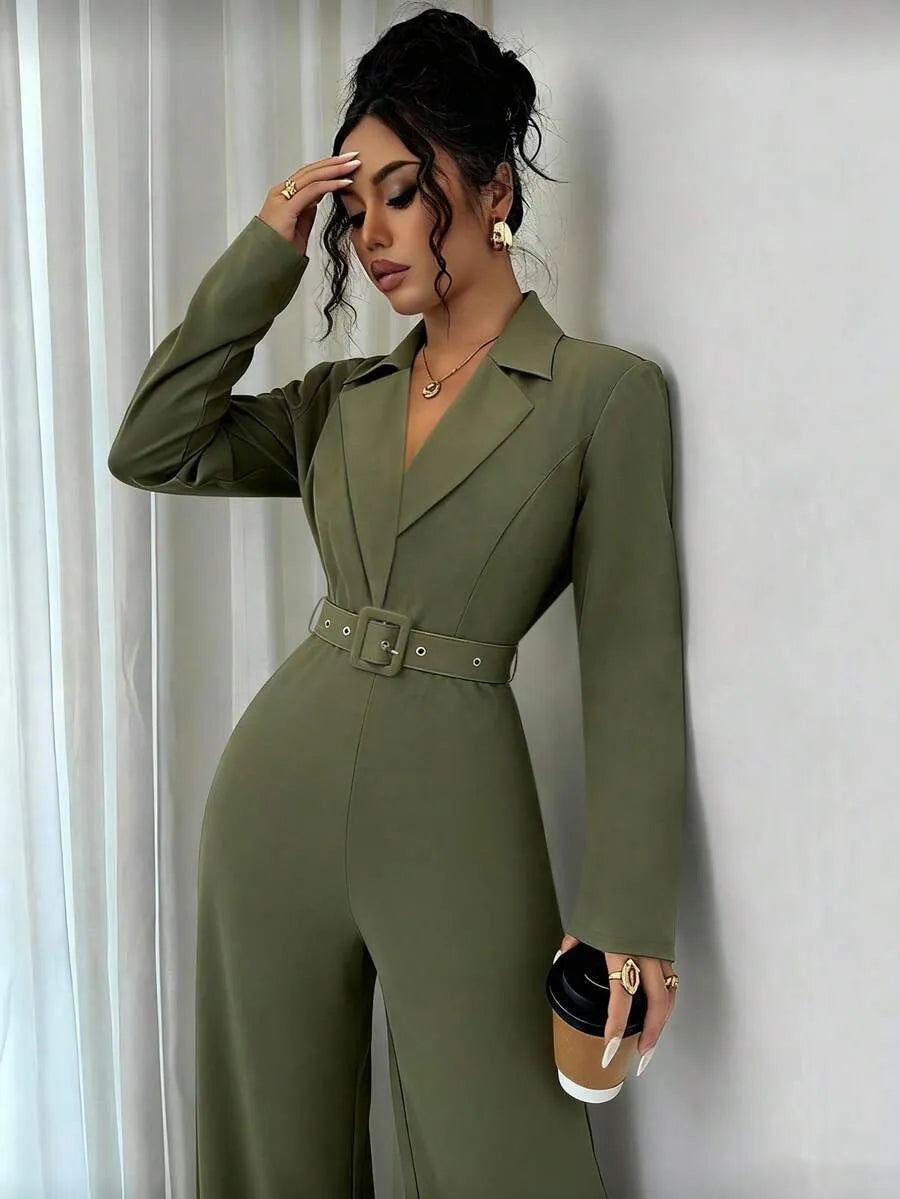 SHEIN INAWLY جمبسوت نسائي بخصر مرتفع وحزام وياقة لابيل وساق واسعة بلون أخضر