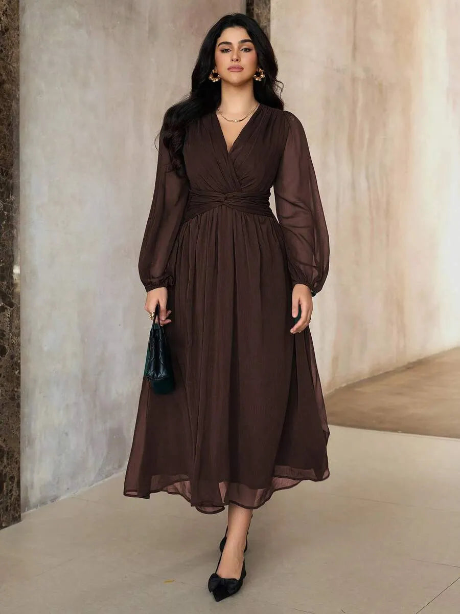 SHEIN Roveilla فستان نسائي بياقة وأكمام فانوس بلون بني شوكولاتة