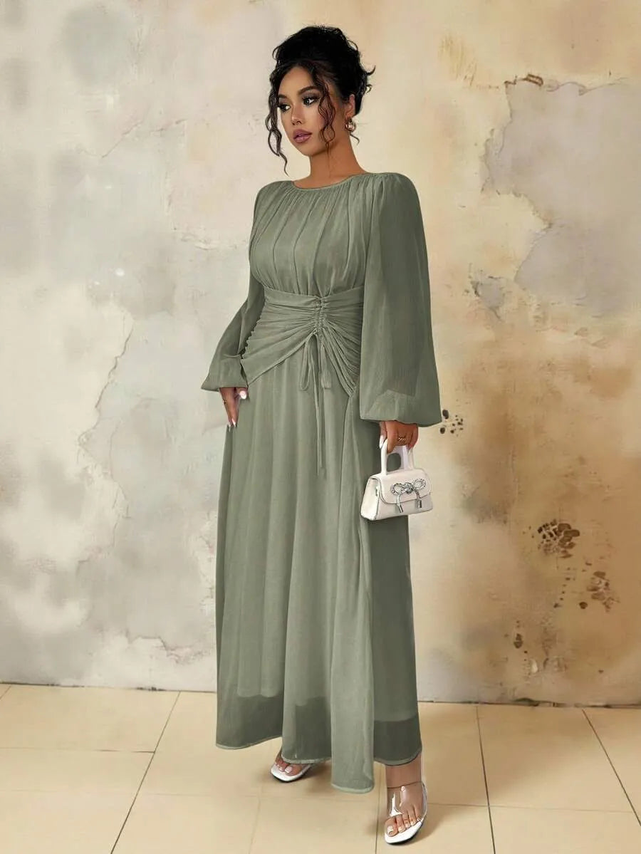 SHEIN Roveilla A-Line فستان نسائي ماكسي بأكمام طويلة وخصر مكشكش وقصة بلون أخضر عسكري