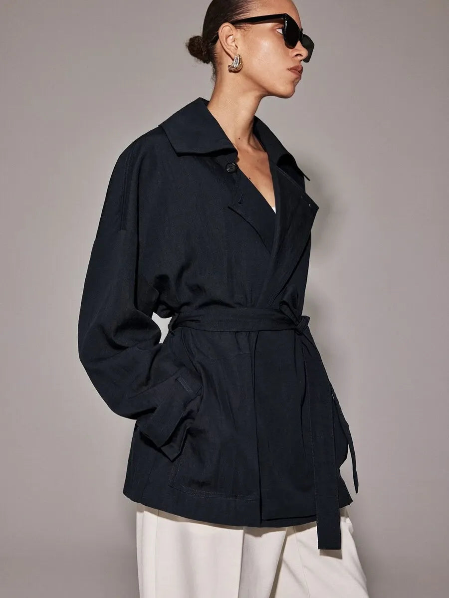 SHEIN Anewsta Essential معطف ترنش أسود بحزام وأكتاف منسدلة