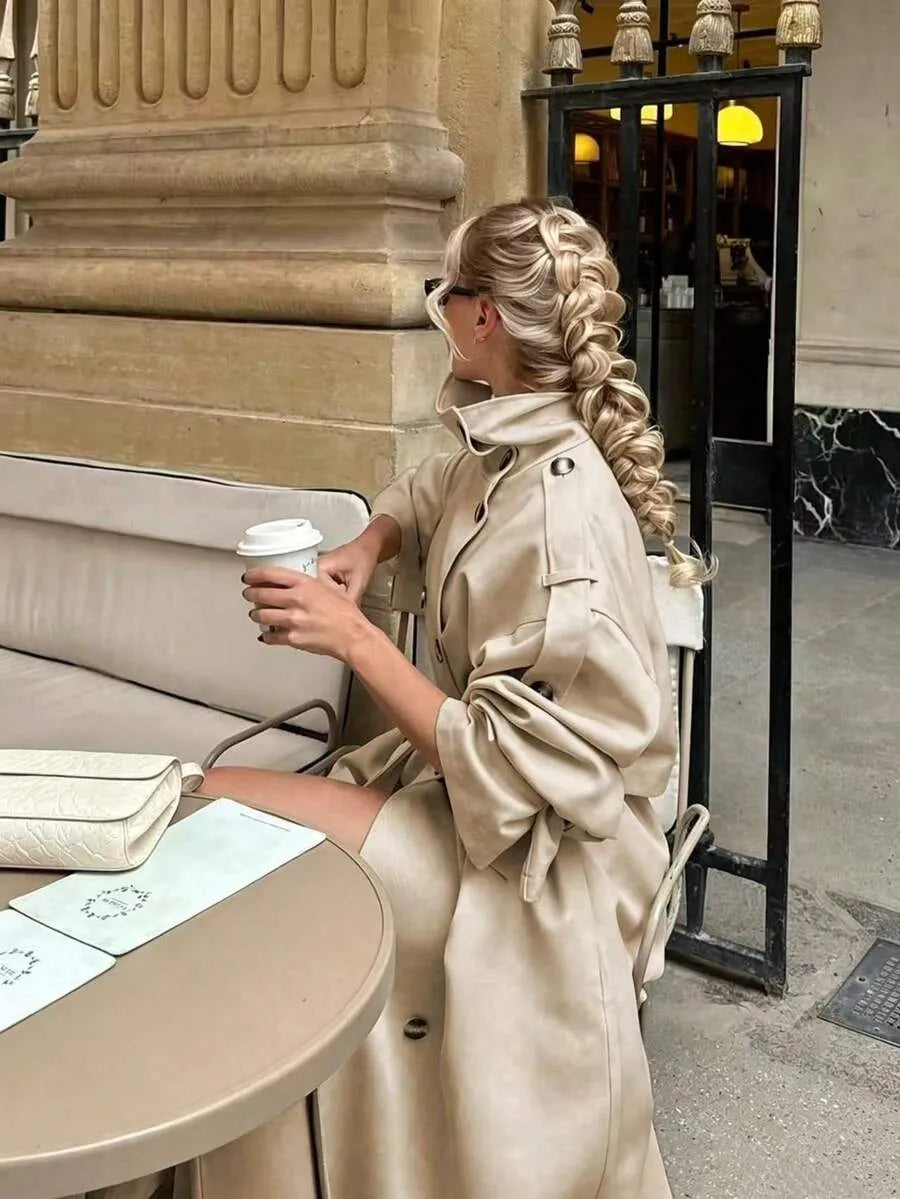 SHEIN معطف ترنش طويل للنساء بلون سادة ستايل عملي وأنيق
