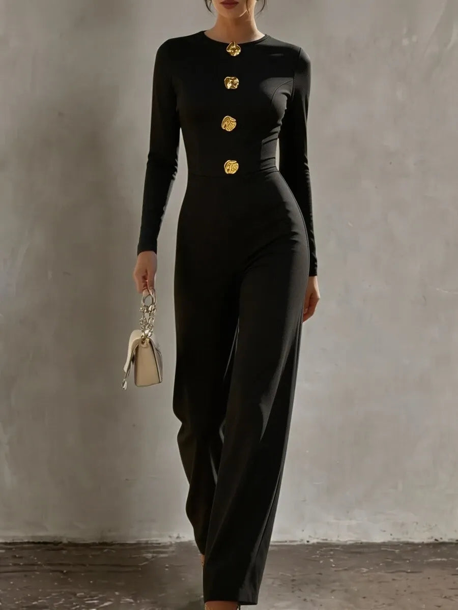 SHEIN جمبسوت نسائي بياقة دائرية وأزرار أمامية وأكمام طويلة بلون الأسود