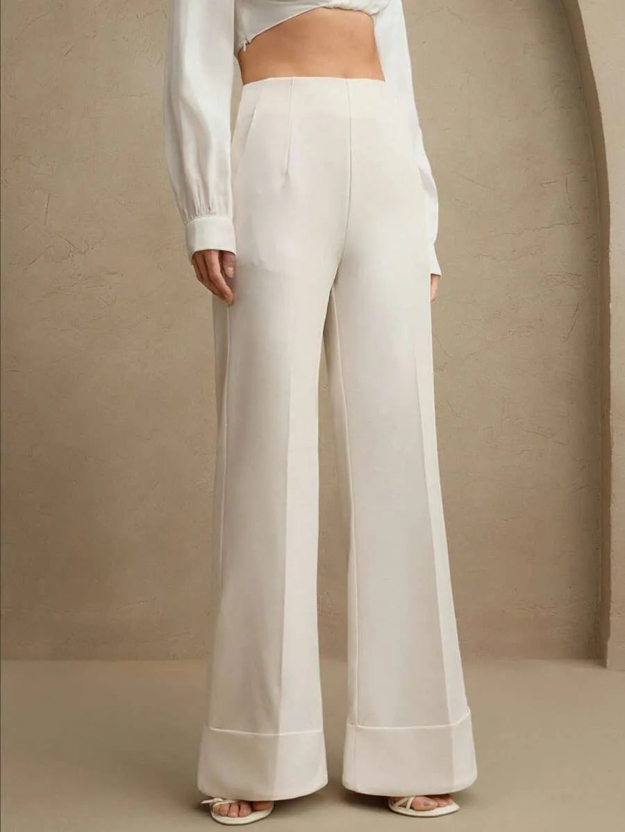SHEIN Anewsta Essential بنطلون بلون بيج طويل واسع الساق بخصر منخفض