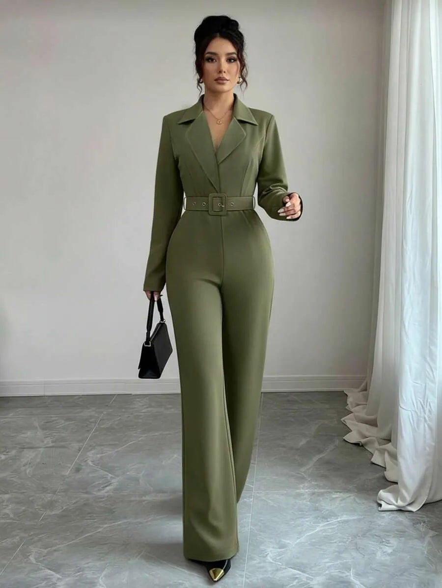 SHEIN INAWLY جمبسوت نسائي بخصر مرتفع وحزام وياقة لابيل وساق واسعة بلون أخضر