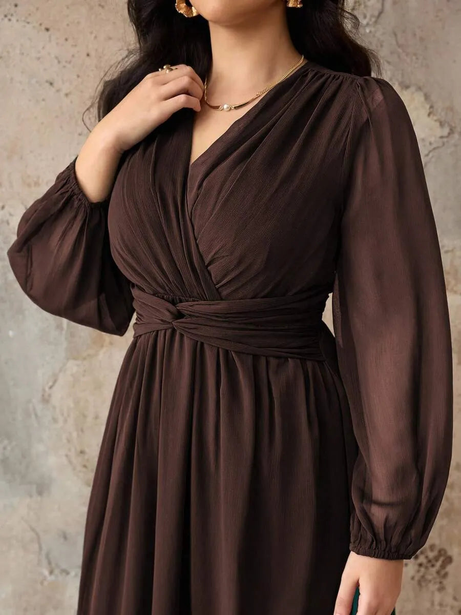 SHEIN Roveilla فستان نسائي بياقة وأكمام فانوس بلون بني شوكولاتة
