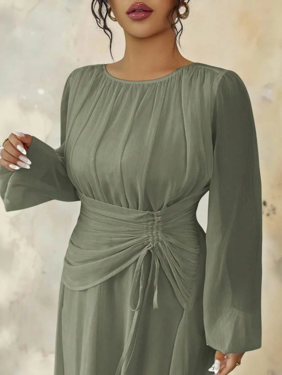 SHEIN Roveilla A-Line فستان نسائي ماكسي بأكمام طويلة وخصر مكشكش وقصة بلون أخضر عسكري