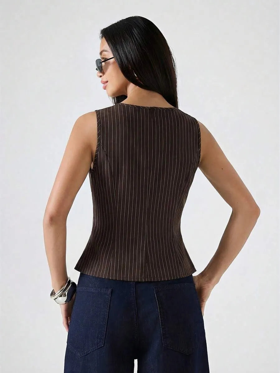 SHEIN LYSMO فستان نسائي طويل بدون أكمام برقبة دائرية وجيوب بلون بني