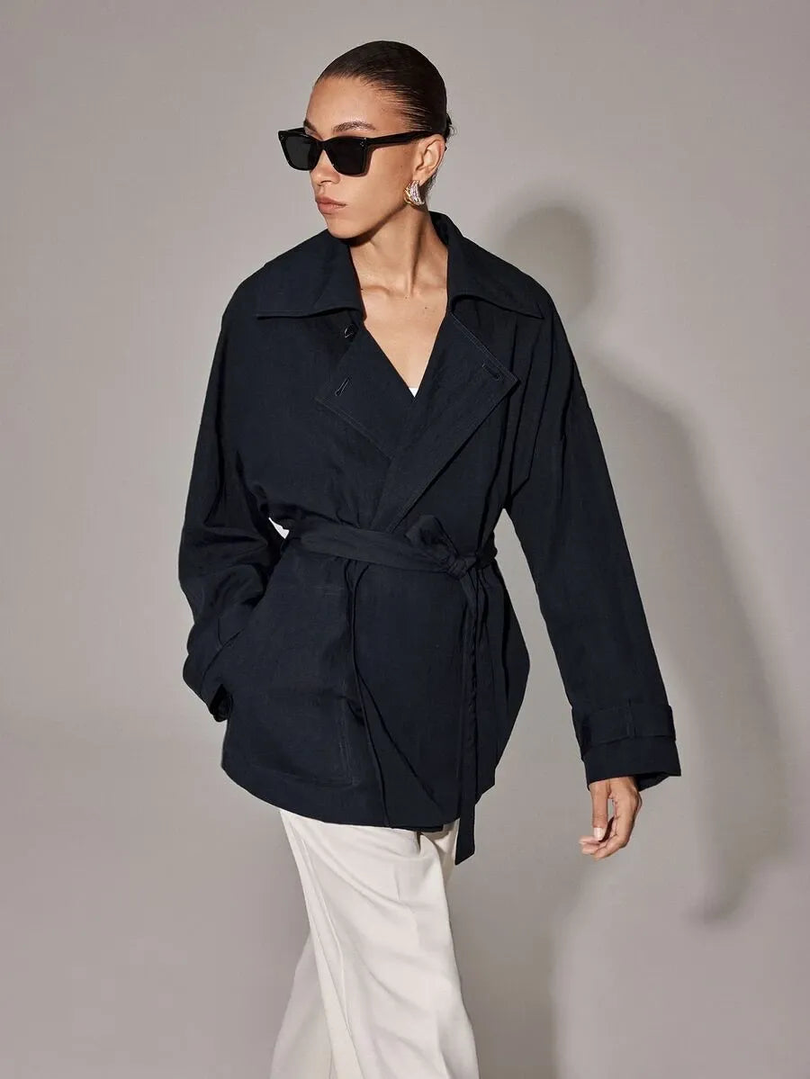 SHEIN Anewsta Essential معطف ترنش أسود بحزام وأكتاف منسدلة