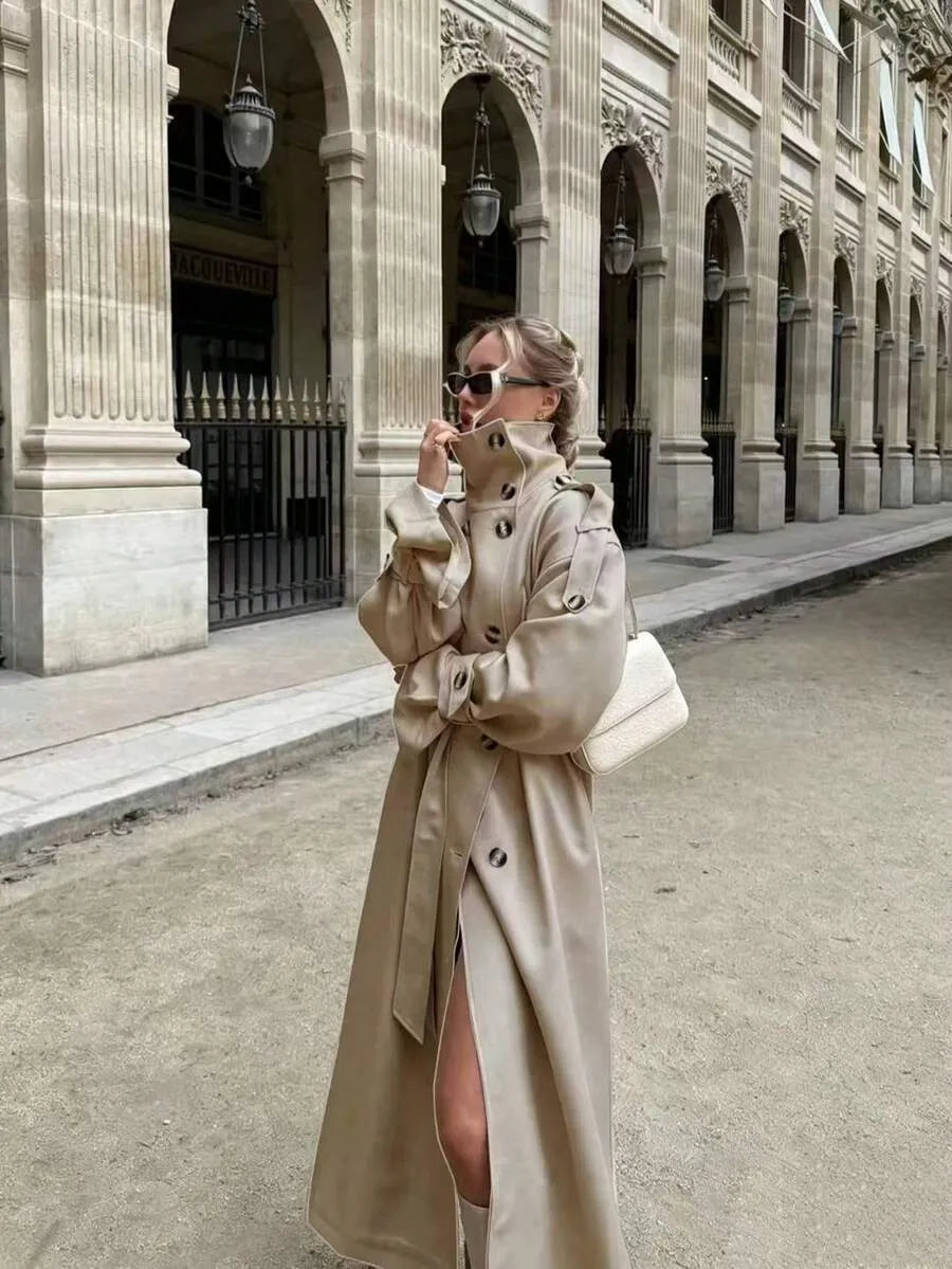 SHEIN معطف ترنش طويل للنساء بلون سادة ستايل عملي وأنيق