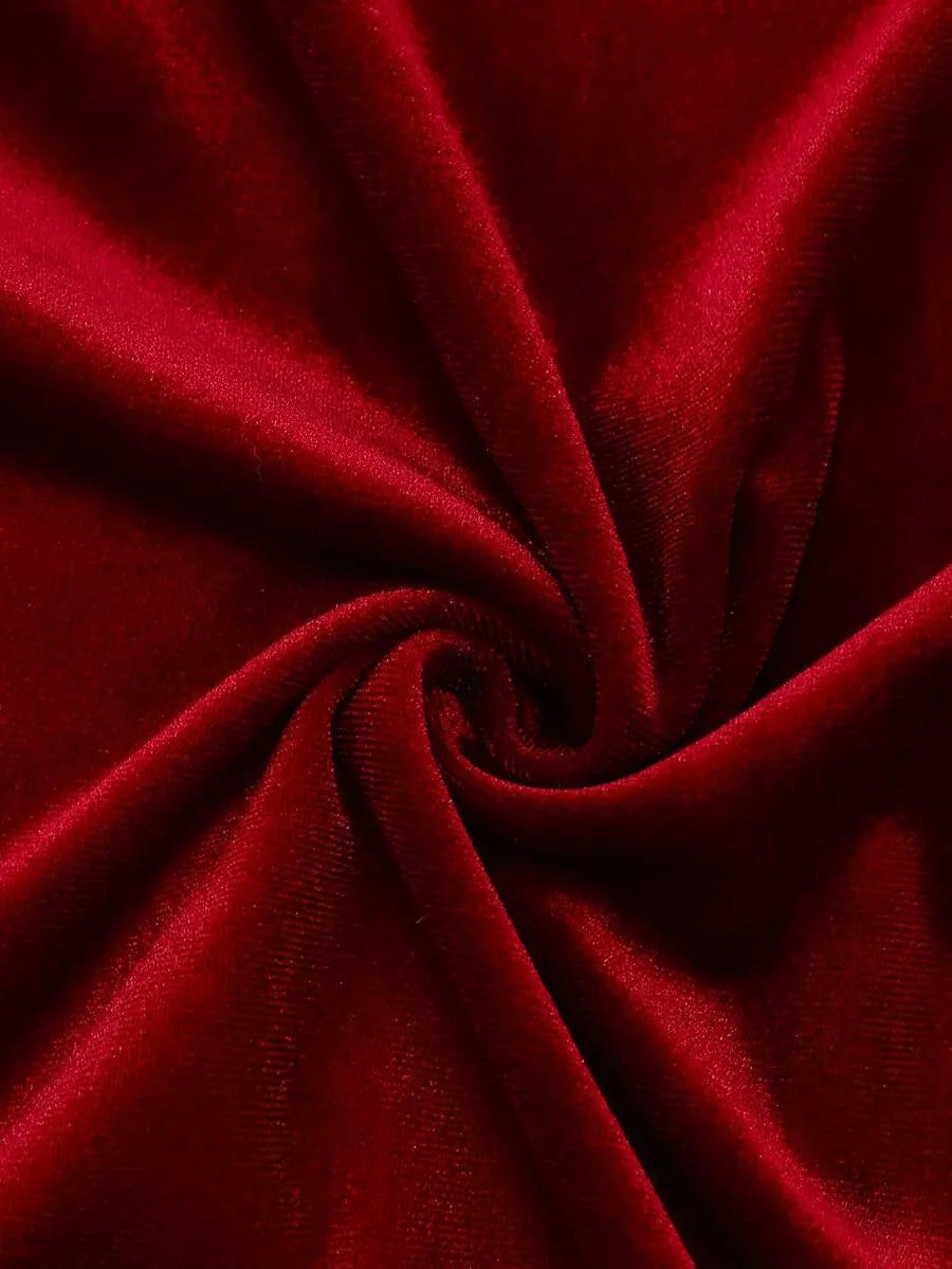 SHEIN GlowEve فستان مخملي ميدي بياقة قلب وأكمام طويلة وحافة دانتيل سوداء بلون عنابي