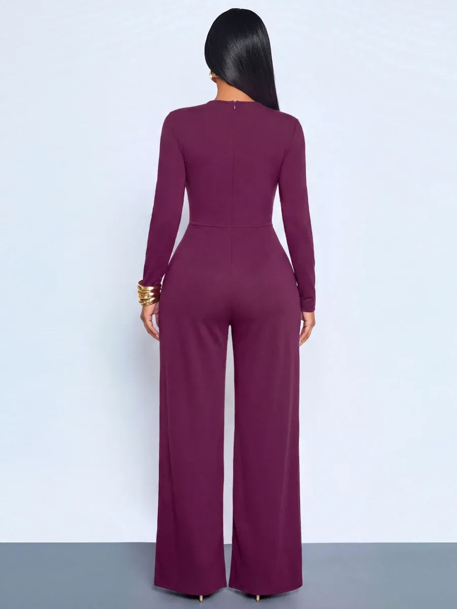 SHEIN SOLERSUN جمبسوت نسائي بخصر مجعد وتفاصيل معدنية وساق واسعة بلون أرجواني