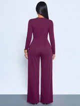 SHEIN SOLERSUN جمبسوت نسائي بخصر مجعد وتفاصيل معدنية وساق واسعة بلون أرجواني