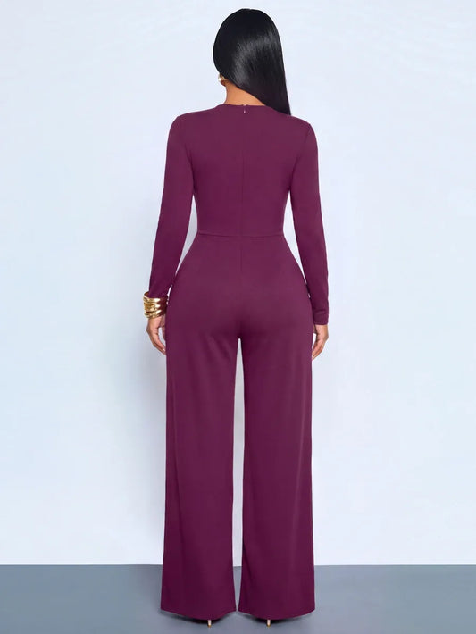 SHEIN SOLERSUN جمبسوت نسائي بخصر مجعد وتفاصيل معدنية وساق واسعة بلون أرجواني