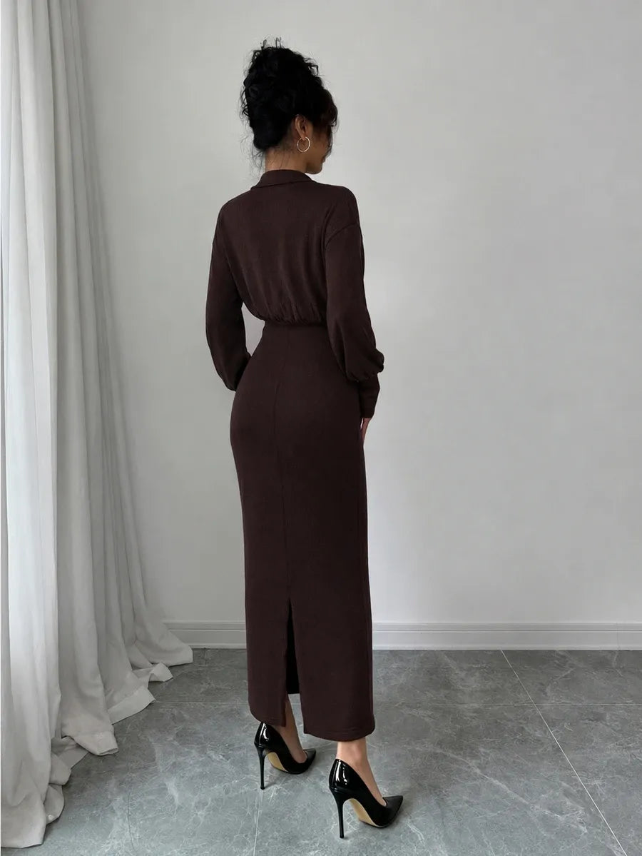 SHEIN Elenzya فستان محبوك طويل بياقة وأزرار معدنية أمامية بلون بني داكن