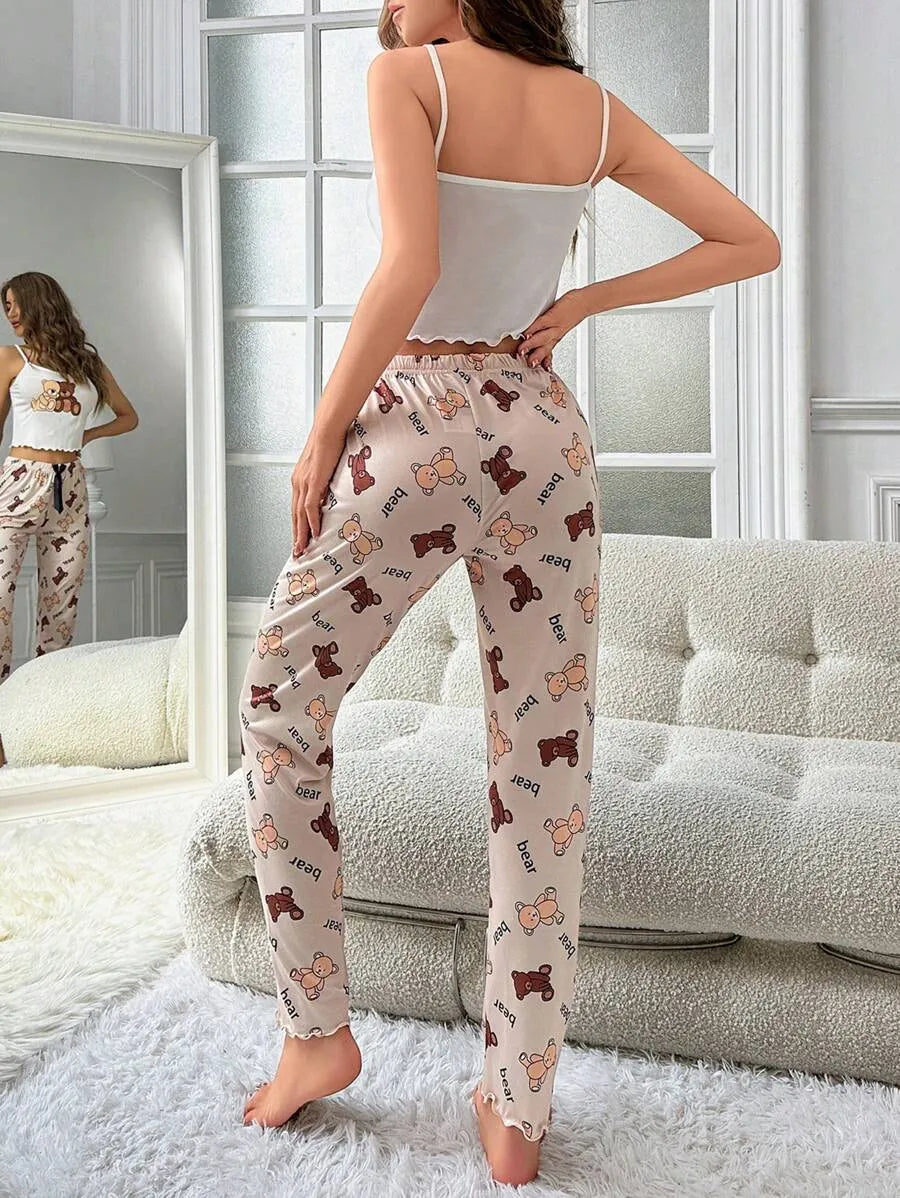 SHEIN طقم بيجامة قطعتين كامي وبنطلون طويل مزين بفيونكة متعدد الألوان
