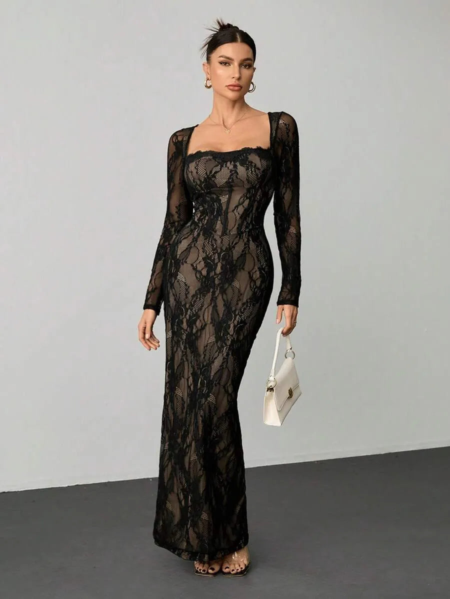 SHEIN Tall فستان دانتيل ماكسي بياقة مربعة وأكمام طويلة وتصميم كورسيه بلون أسود
