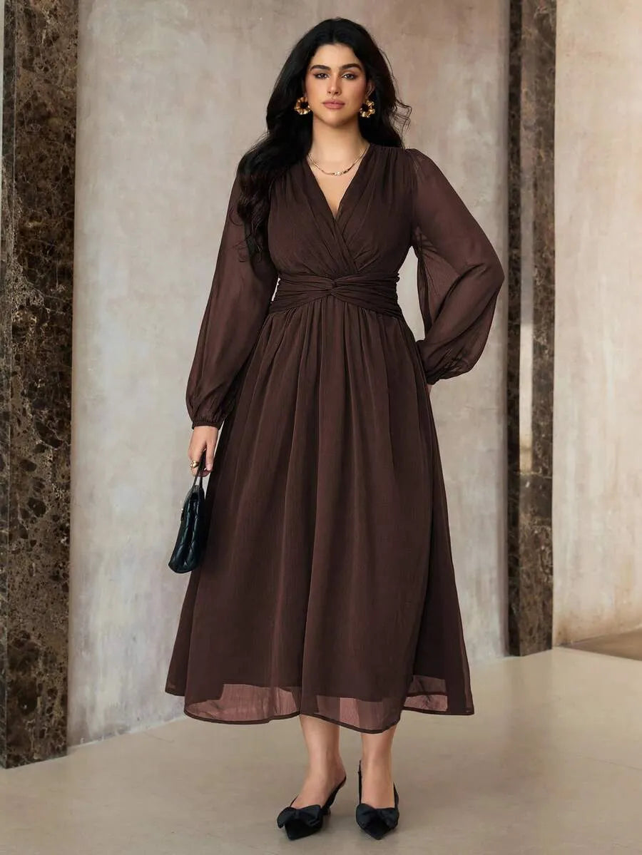 SHEIN Roveilla فستان نسائي بياقة وأكمام فانوس بلون بني شوكولاتة