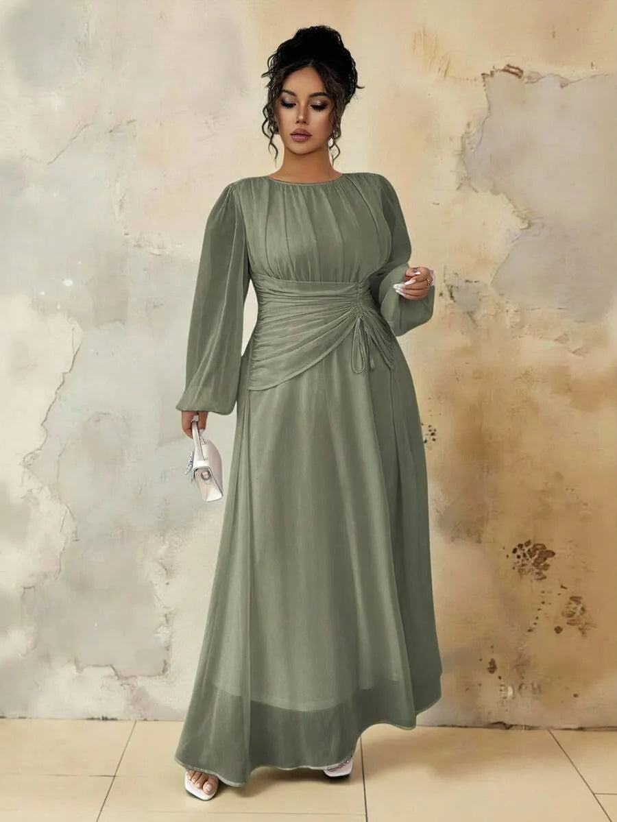 SHEIN Roveilla A-Line فستان نسائي ماكسي بأكمام طويلة وخصر مكشكش وقصة بلون أخضر عسكري