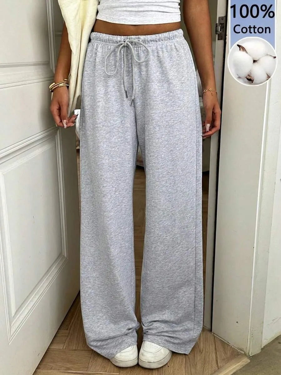 SHEIN EZwear بنطلون رياضي نسائي واسع بخصر منخفض ورباط وساق مستقيمة بلون رمادي فاتح