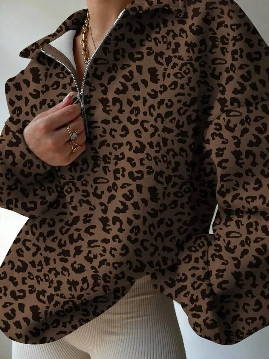 SHEIN INAWLY بلوزة نسائية فضفاضة بطبعة نمر وجيب وسحاب بلون بني شوكولاتة