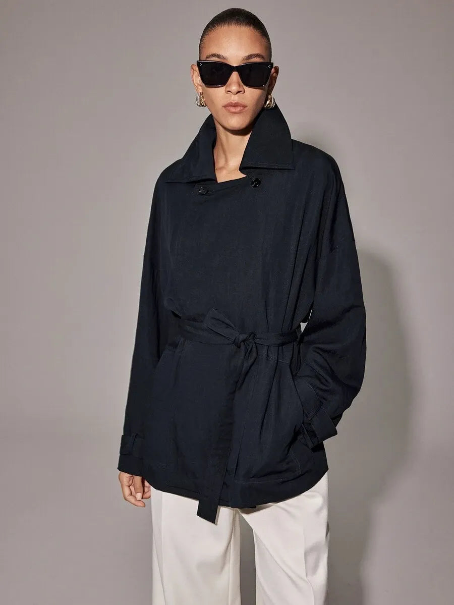 SHEIN Anewsta Essential معطف ترنش أسود بحزام وأكتاف منسدلة